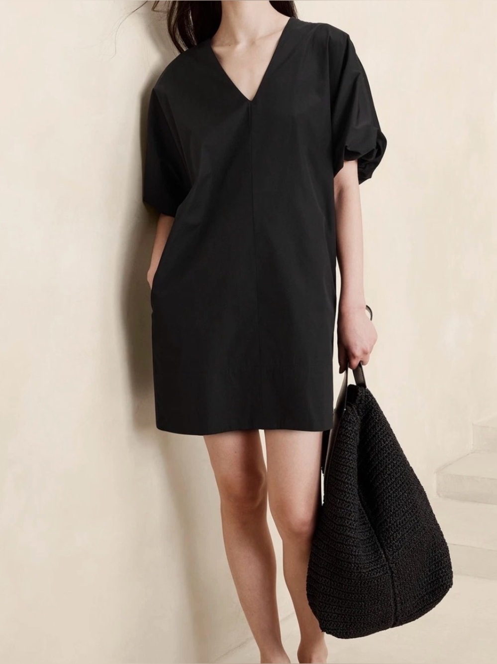 Banana Republic Black Livia Poplin Short Bubble Sleeve Mini Dress Cotton XL Tall